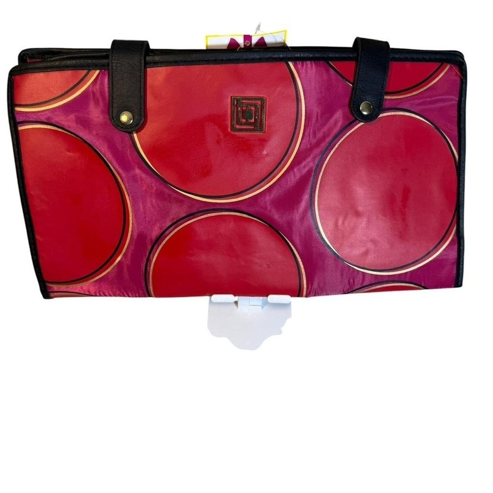 Liz Claiborne Pink & red circular pattern makeup bag with black trim